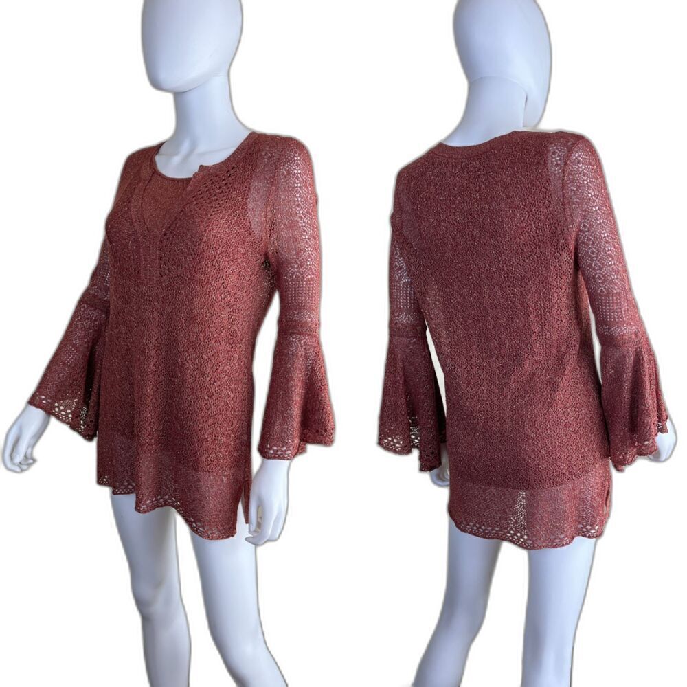 Chico's Women's Size S Bell Sleeve Pullover Open Knit Metallic Tunic Top Boho